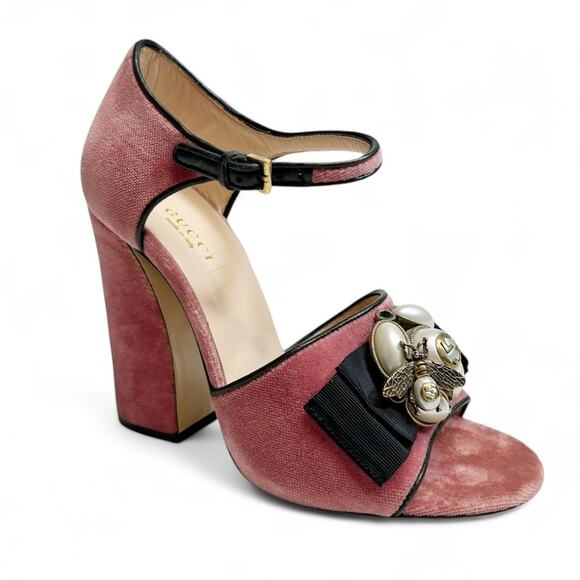 GUCCI Tibet Velvet Pearl Bee GG Embellished Heeled Sandals - Picture 1 of 12
